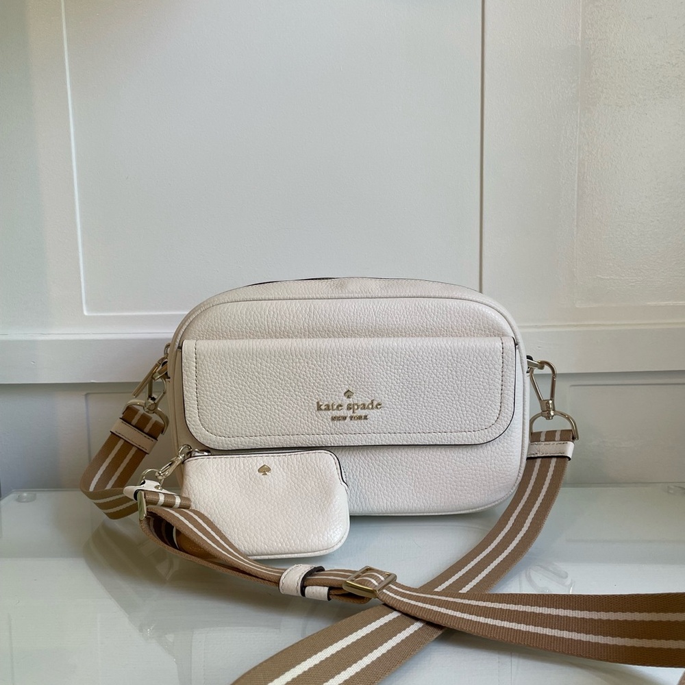 Kate Spade White Crossbody Bag with Striped  Tan Strap